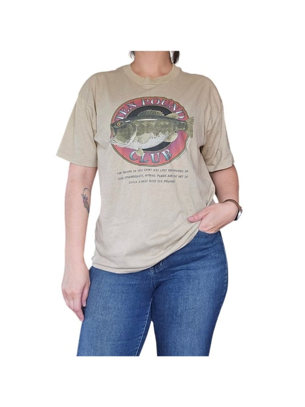 Vintage Ten Pounds Club Beige Bass Fishing T Shirt Unisex Size XL Gorpcore Casua